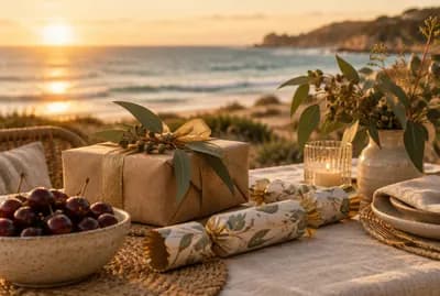 Summer Christmas table by the beach with a gift and bon bons