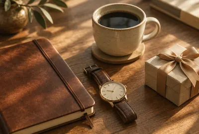 Leather notebook, watch, coffee and a small gift