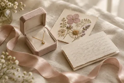Jewellery box, pressed flowers and a handwritten note