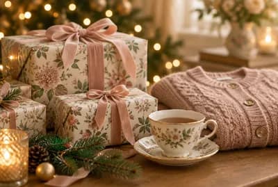 Christmas gifts in floral paper with a teacup
