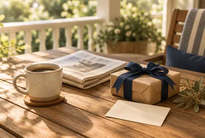 Coffee and a wrapped gift on a sunny verandah