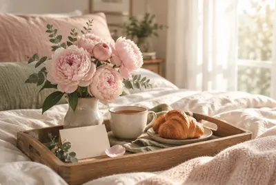 Breakfast tray with peonies and tea