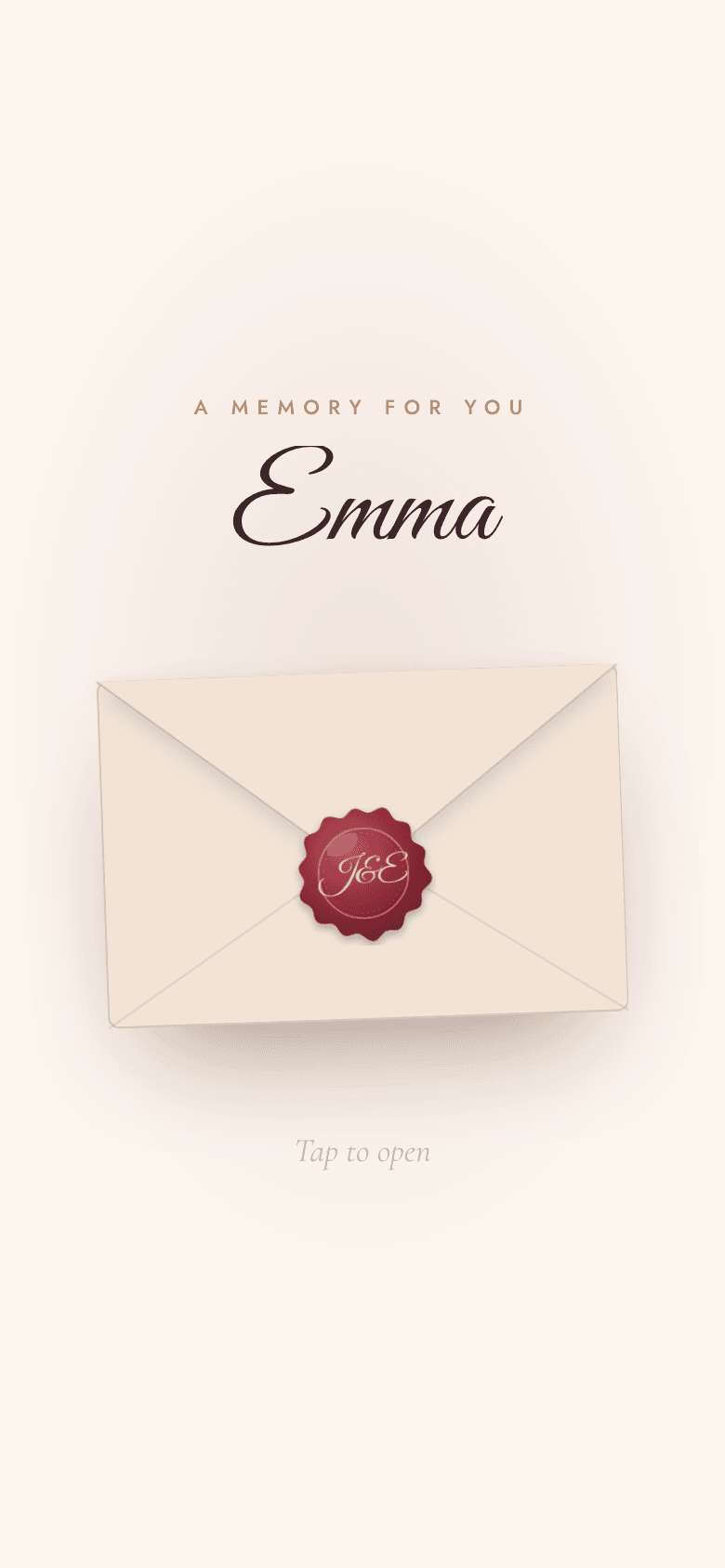 Demo love story page for Emma, sealed in an envelope with a wax seal