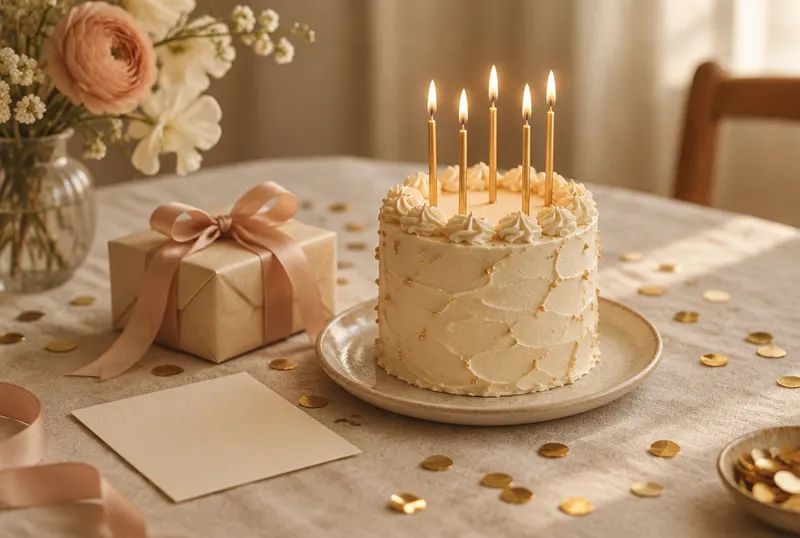 Small birthday cake with gold candles and confetti