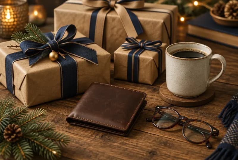 Christmas gifts with a coffee mug and wallet